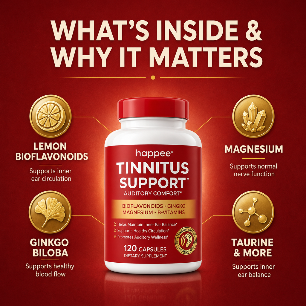 A supplement bottle labeled happée Tinnitus Support Auditory Comfort, centered on a dark red background with callout icons and text for lemon bioflavonoids, magnesium, ginkgo biloba, and taurine.