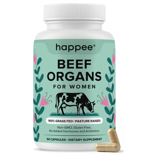 Supplement bottle labeled 'happee Beef Organs for Women' on a white background