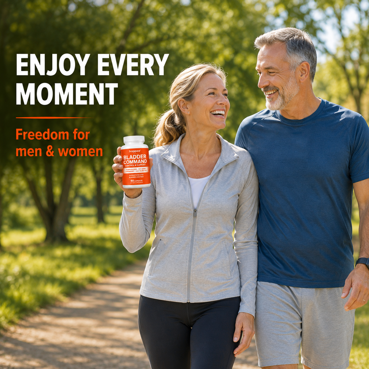 A smiling woman and man walking outdoors on a sunlit park path. The woman holds up a white bottle with an orange label that reads 'FOOD COMBAT'.