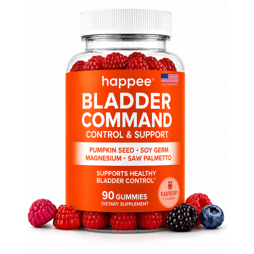A bottle of happee Bladder Command dietary supplement gummies, shown with fresh raspberries and blueberries arranged around the base on a white background.