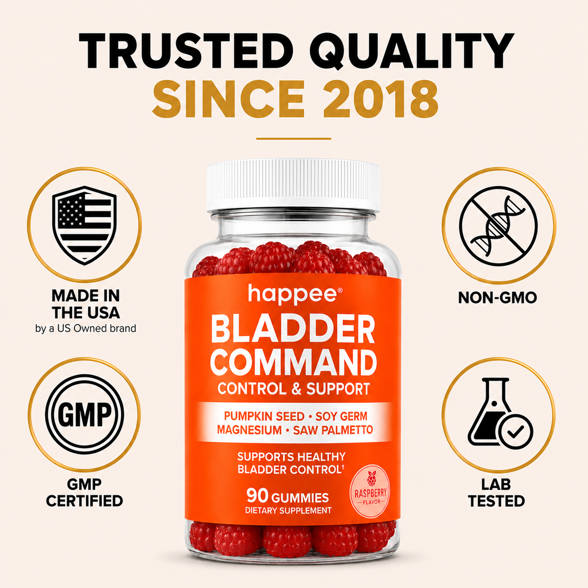 A bottle of happee Bladder Command dietary supplement gummies centered on a light beige background with marketing callouts around it. The bottle is clear with red gummies visible at the top and bottom and a bright orange label.