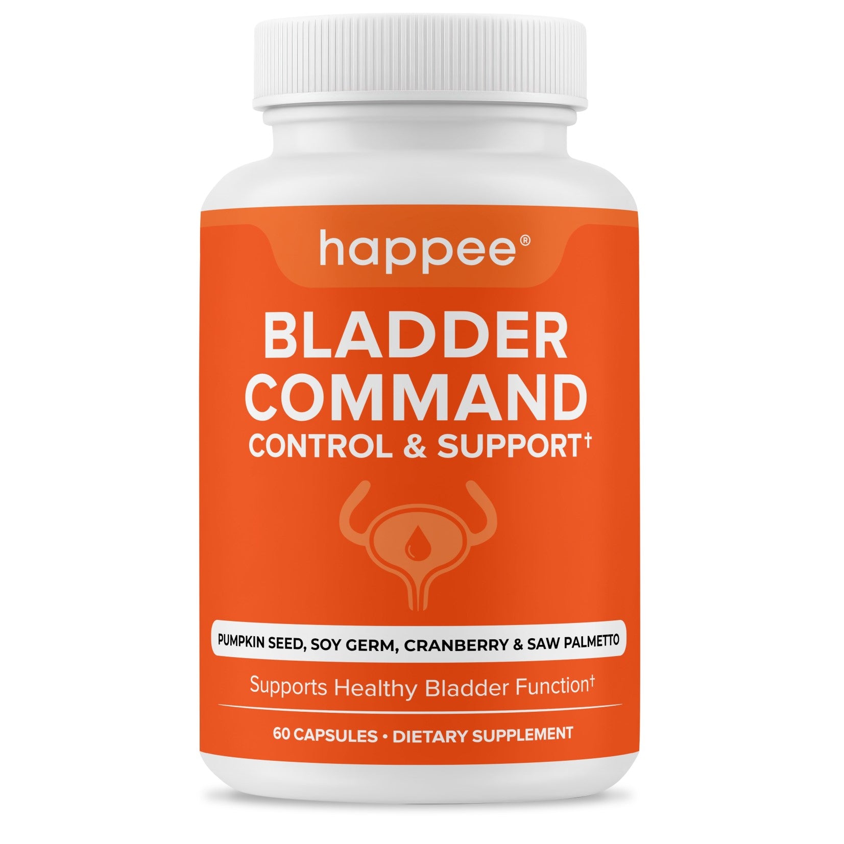 Supplement bottle labeled 'Bladder Command' by happee on an orange background