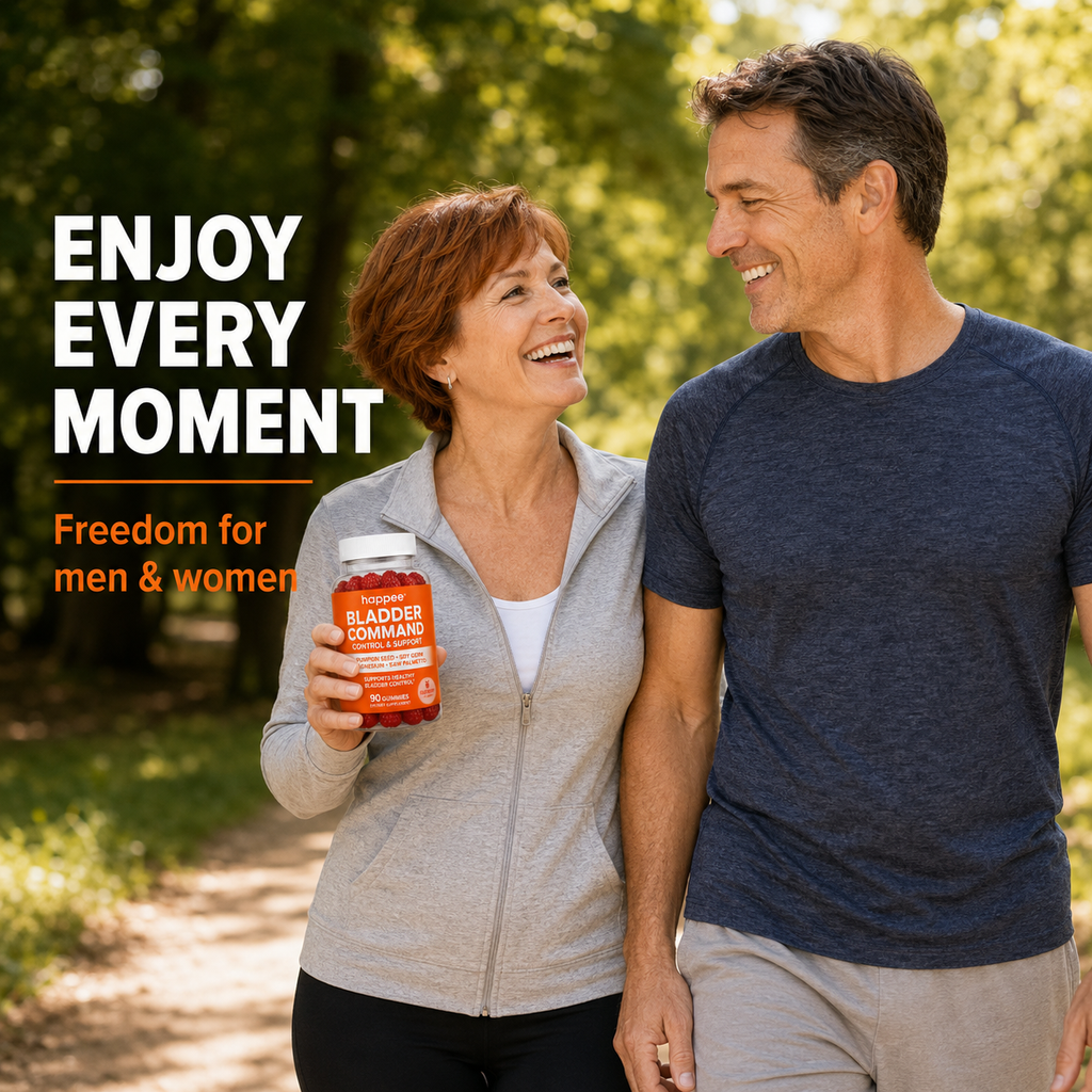 A smiling couple walking outdoors on a sunlit path, with the woman holding a bottle of Bladder Blockade supplements. Large promotional text on the left reads 'ENJOY EVERY MOMENT' and 'Freedom for men & women.