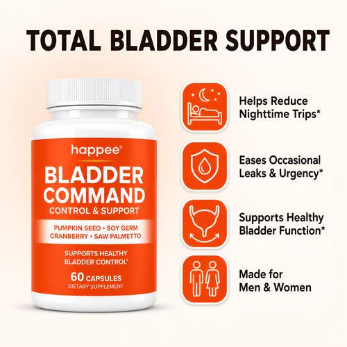 A bottle of happee Bladder Command capsules 60 count dietary supplement shown on a light beige background with marketing callouts on the right. The bottle is white with a bright orange label.