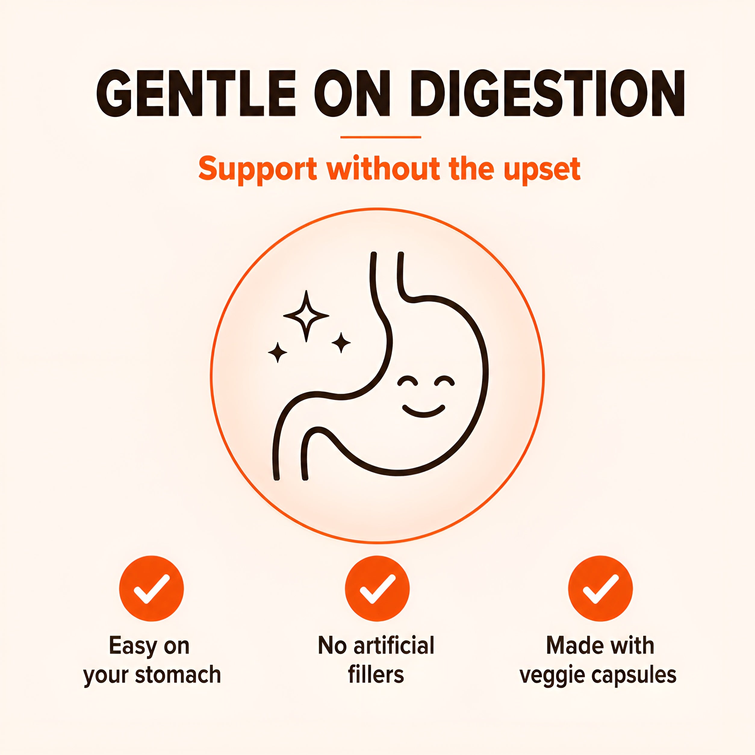Promotional graphic for a gentle digestive supplement, featuring a smiling cartoon stomach inside an orange circle with the headline 'GENTLE ON DIGESTION' and supporting text and icons about easy digestion, no artificial fillers, and veggie capsules.