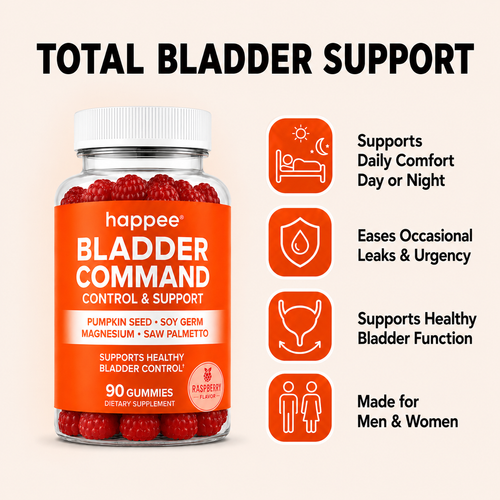 A bottle of happee Bladder Control gummies shown on a light beige background with marketing text and icons. The bottle has a white cap and an orange label with red raspberry gummies visible at the top and bottom.