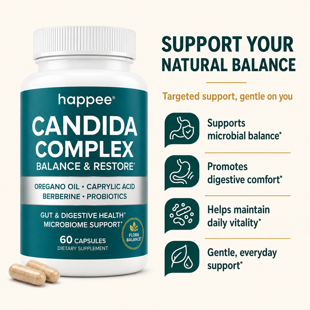 A bottle of happee Candida Complex dietary supplement with two capsules beside it, shown on a light beige background with marketing text and icons about gut and microbiome support.