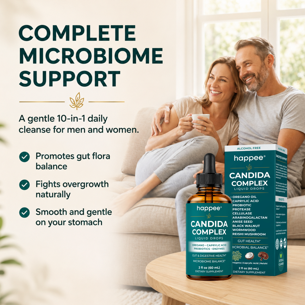 Couple sitting on a couch with happee Candida Complex product in the foreground