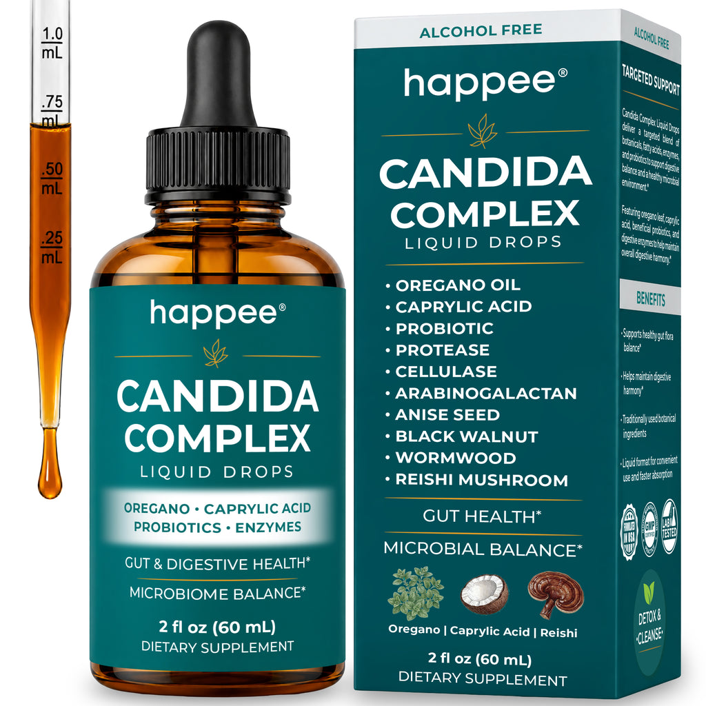 happee Candida Complex liquid drops and packaging on a white background