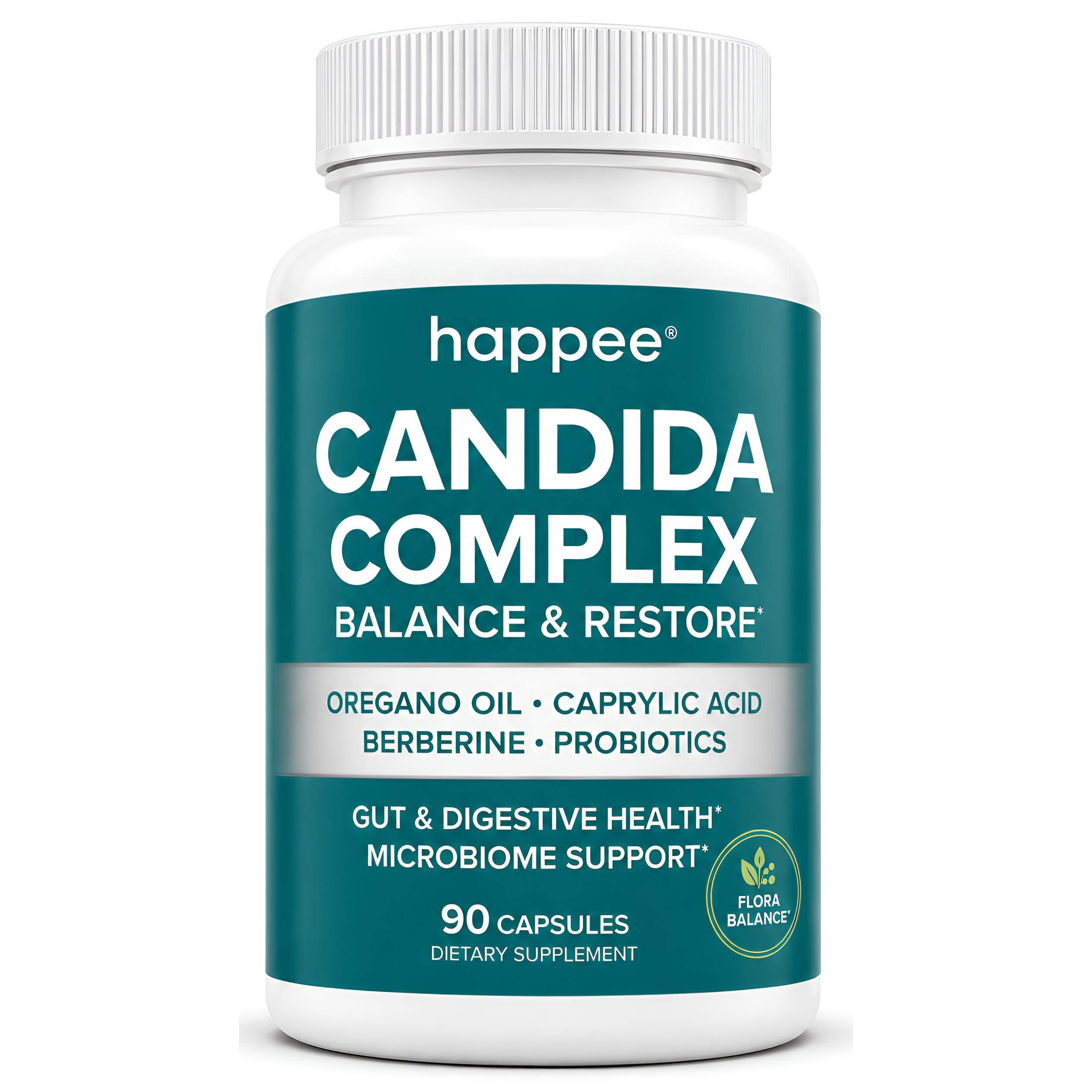 Supplement bottle labeled 'Candida Complex' by happee on a white background