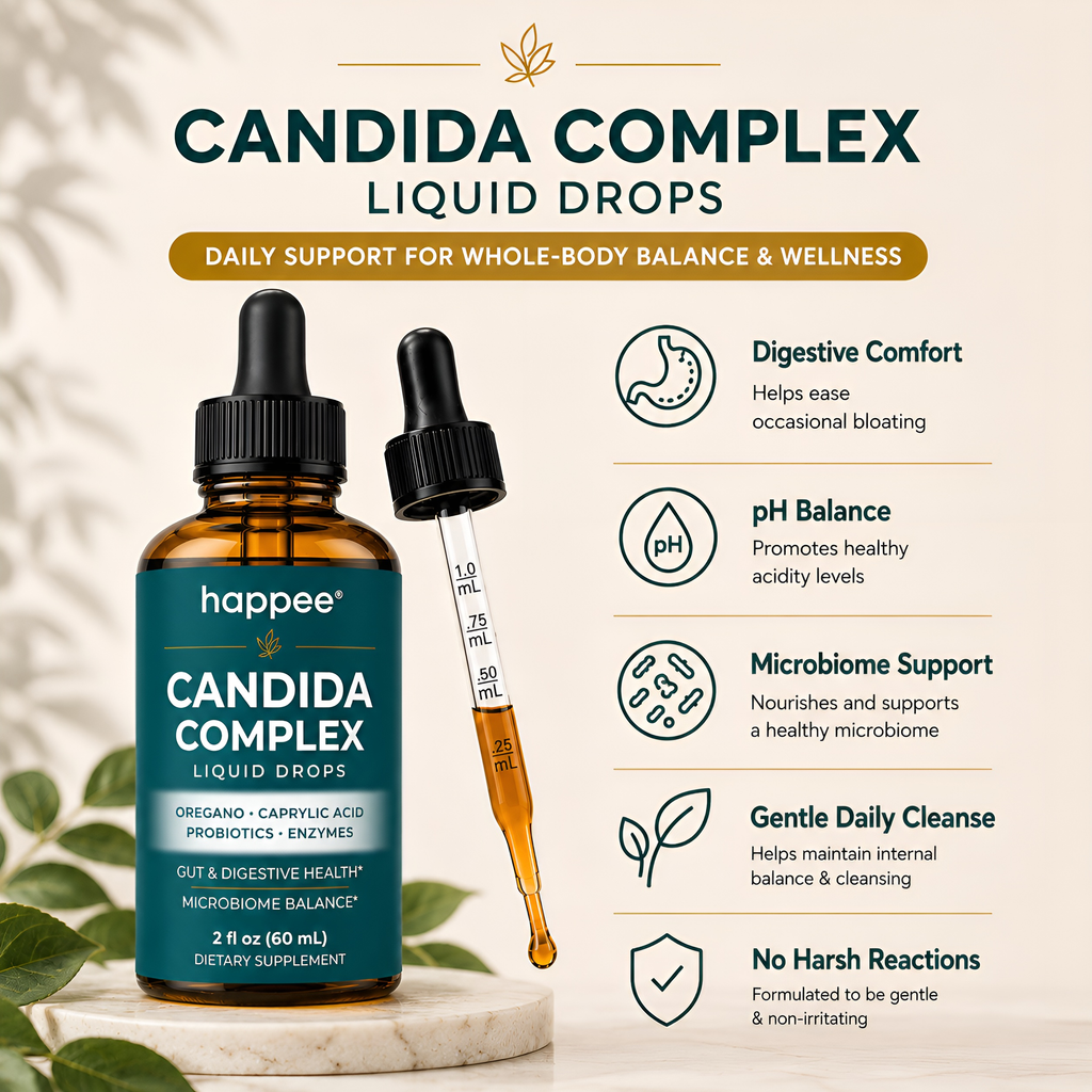 Candida Complex Liquid Drops bottle with dropper on a light background
