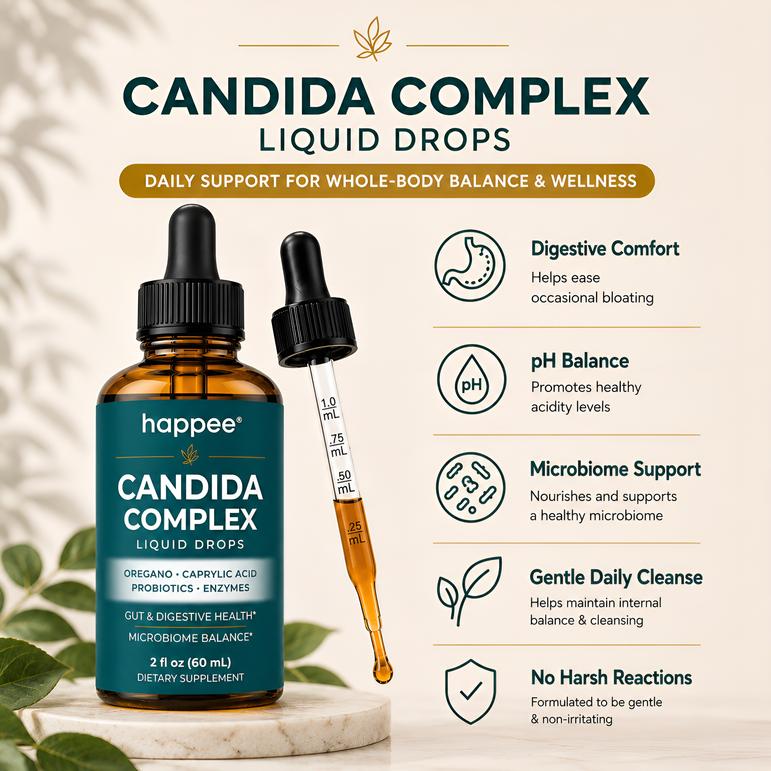 Candida Complex Liquid Drops bottle with dropper on a light background