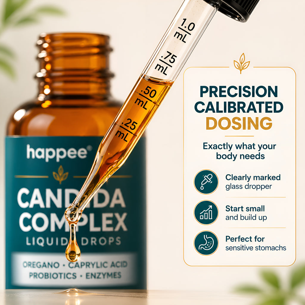 happee Candida Complex liquid drops with a dropper and product packaging.