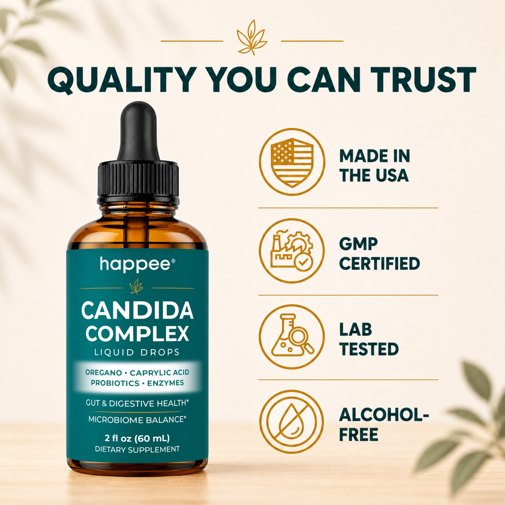 Bottle of happee Candida Complex Liquid Drops with certification icons on a light background