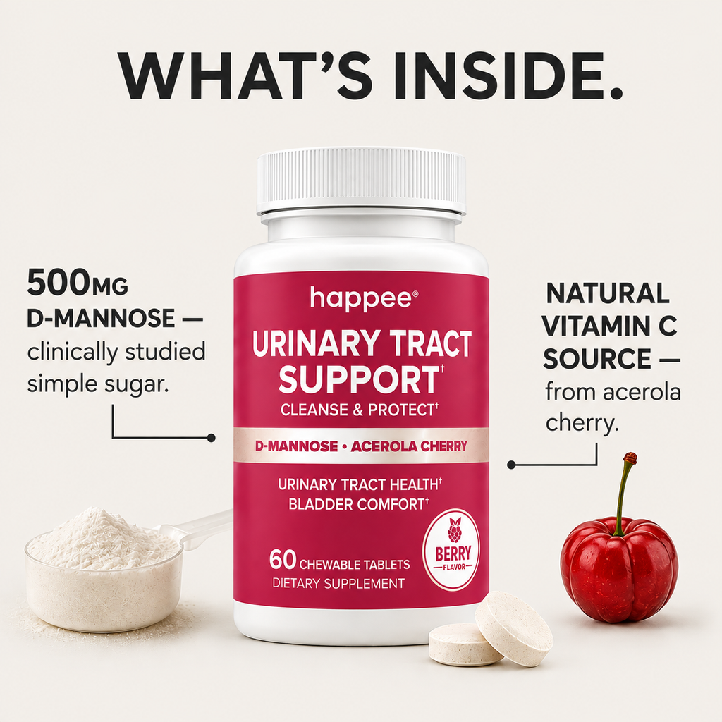 A bottle of happee Urinary Tract Support dietary supplement centered on a light beige background, with callout text describing ingredients: 500MG D-MANNOSE and NATURAL VITAMIN C SOURCE from acerola cherry. A scoop of white powder, a whole red cherry, and two round tablets are placed around the bottle.