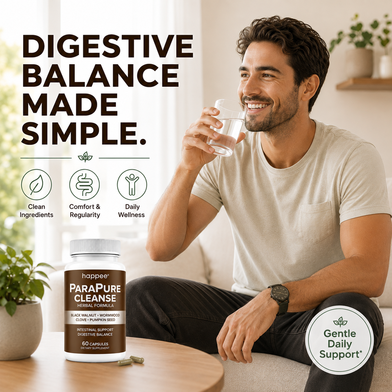 A man in a beige t-shirt sits on a couch drinking from a glass, with a bottle of hopper Parapure Cleanse herbal supplement on a table beside him. The image features promotional text 'DIGESTIVE BALANCE MADE SIMPLE' and a badge reading 'Gentle Daily Support'.