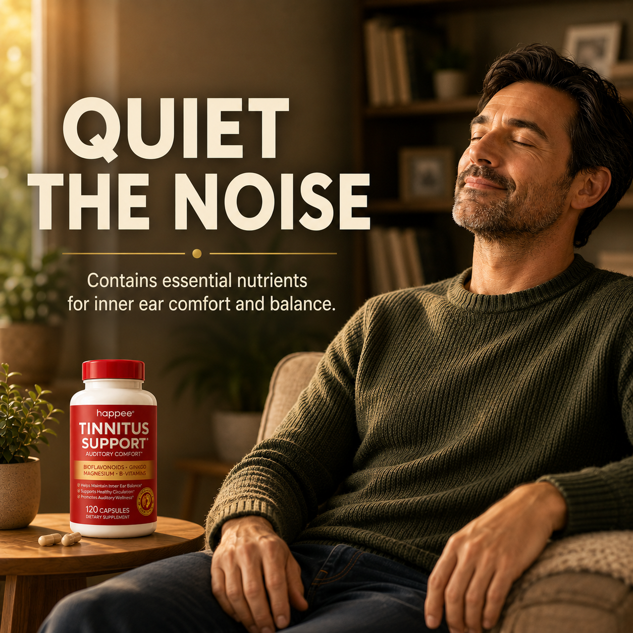 A man relaxes in a cozy living room while a bottle of Tinnitus Support supplement sits on a small table beside him. Large text reads 'QUIET THE NOISE' with smaller text below about inner ear comfort and balance.