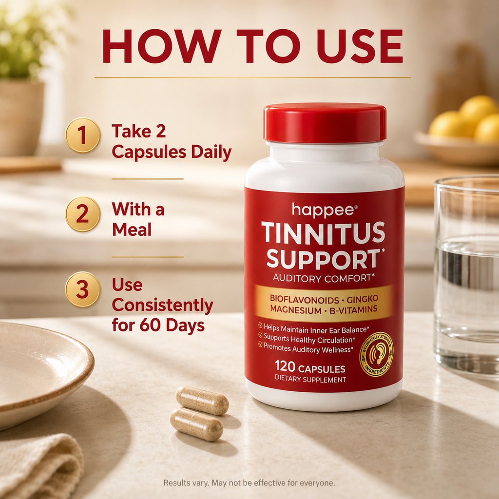 A bottle of happ ee Tinnitus Support dietary supplement shown on a tabletop with a glass of water, loose capsules, and a blurred kitchen background. Large text at the top reads 'HOW TO USE' with three numbered steps on the left.