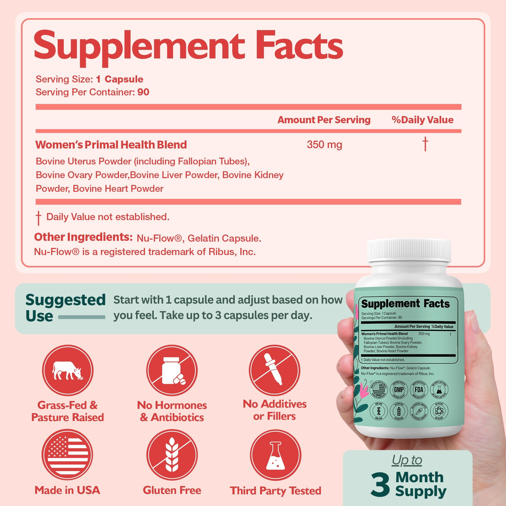 Supplement bottle with label and 'Supplement Facts' text on a pink background