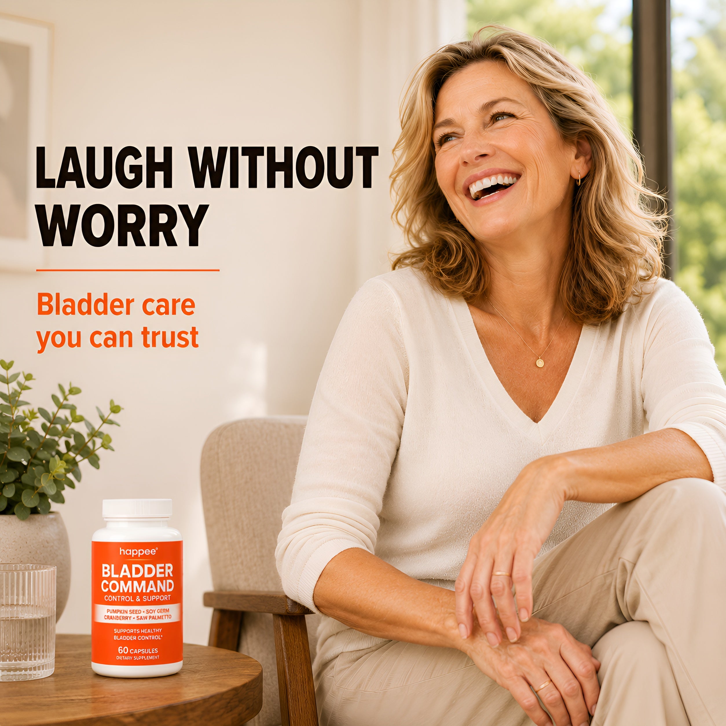 A smiling woman sits in a bright indoor setting beside a small table holding a white bottle with an orange label reading 'BLADDER COMMAND'. Large text on the left says 'LAUGH WITHOUT WORRY' and 'Bladder care you can trust'.