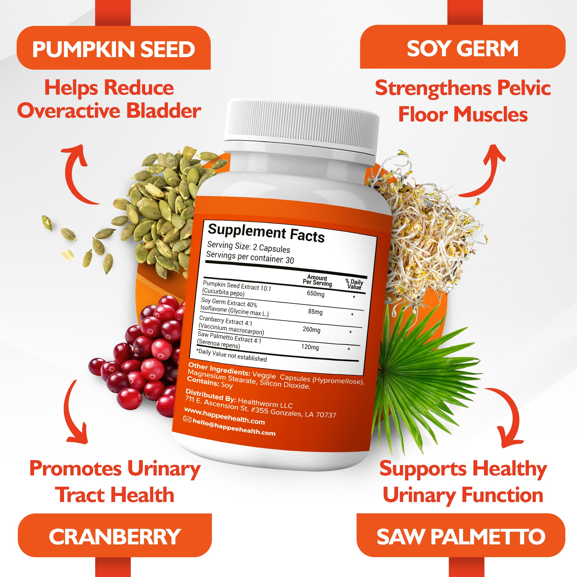 bladder control Supplement bottle with pumpkin seed, soy germ, cranberry, and saw palmetto health benefits on a white background.