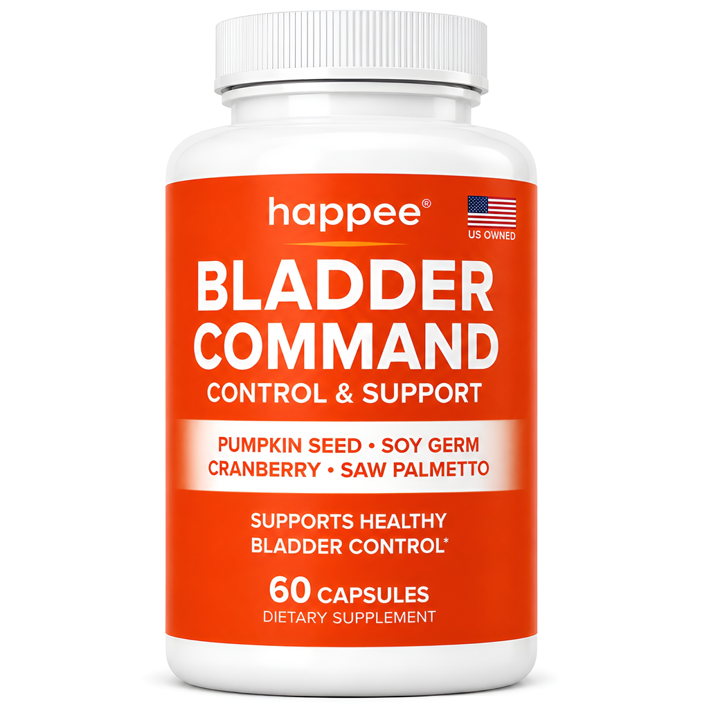 A white plastic bottle of happee Bladder Command dietary supplement with a bright orange label, shown on a plain white background.