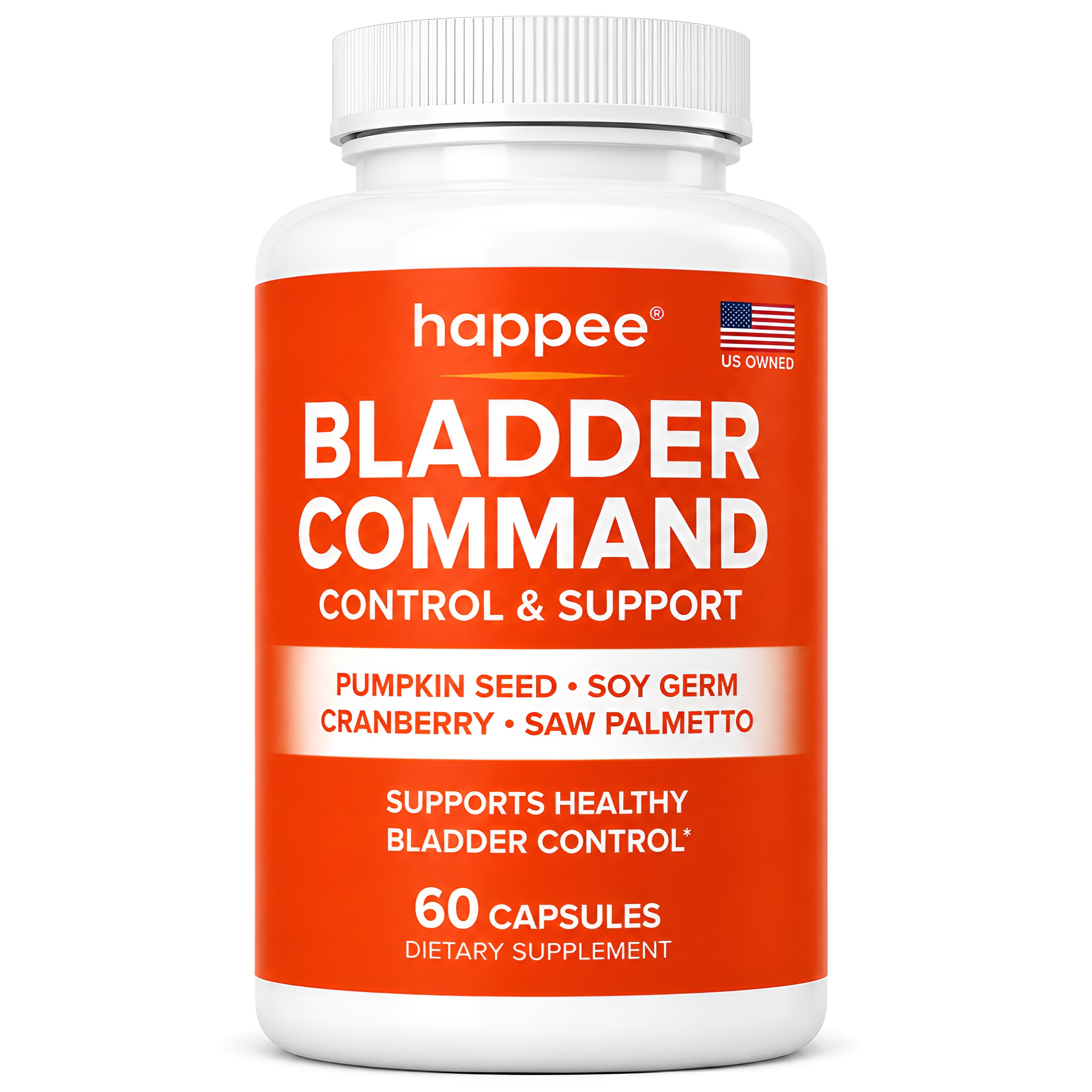 A white plastic bottle of happee Bladder Command dietary supplement with a bright orange label, shown on a plain white background.
