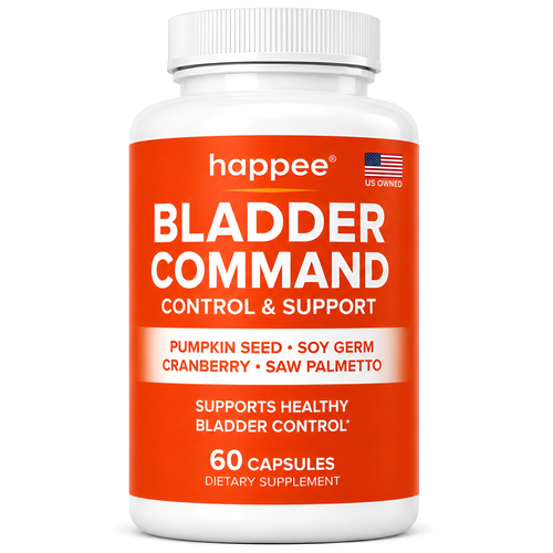 A white plastic bottle of happee Bladder Command dietary supplement with a bright orange label, shown on a plain white background.