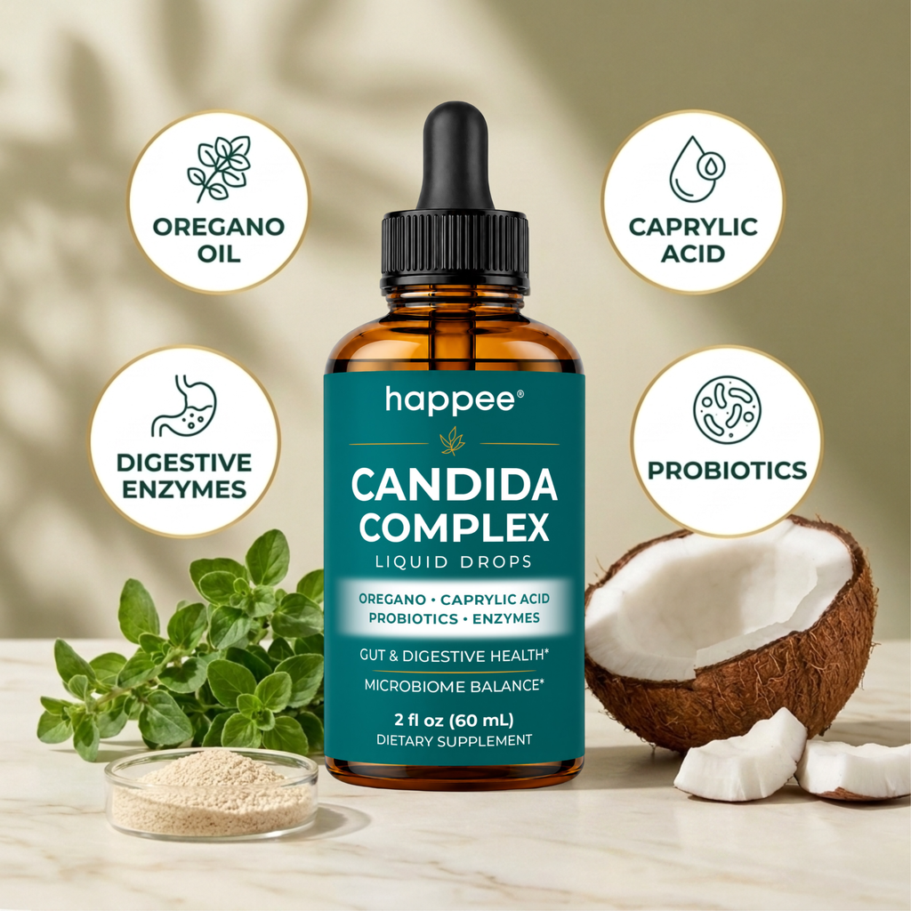 happee Candida Complex liquid drops with ingredients on a wooden surface