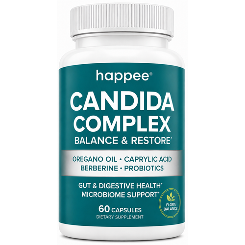 A white plastic bottle of happee Candida Complex dietary supplement with a teal and white label, shown on a plain white background.