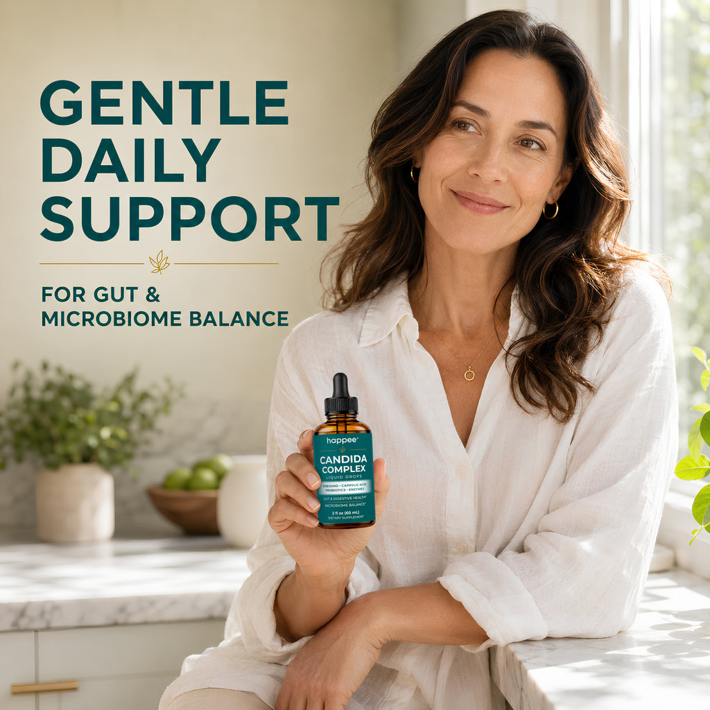 Woman holding a bottle of Candida Cleanse with text about gentle daily support for gut and microbiome balance.