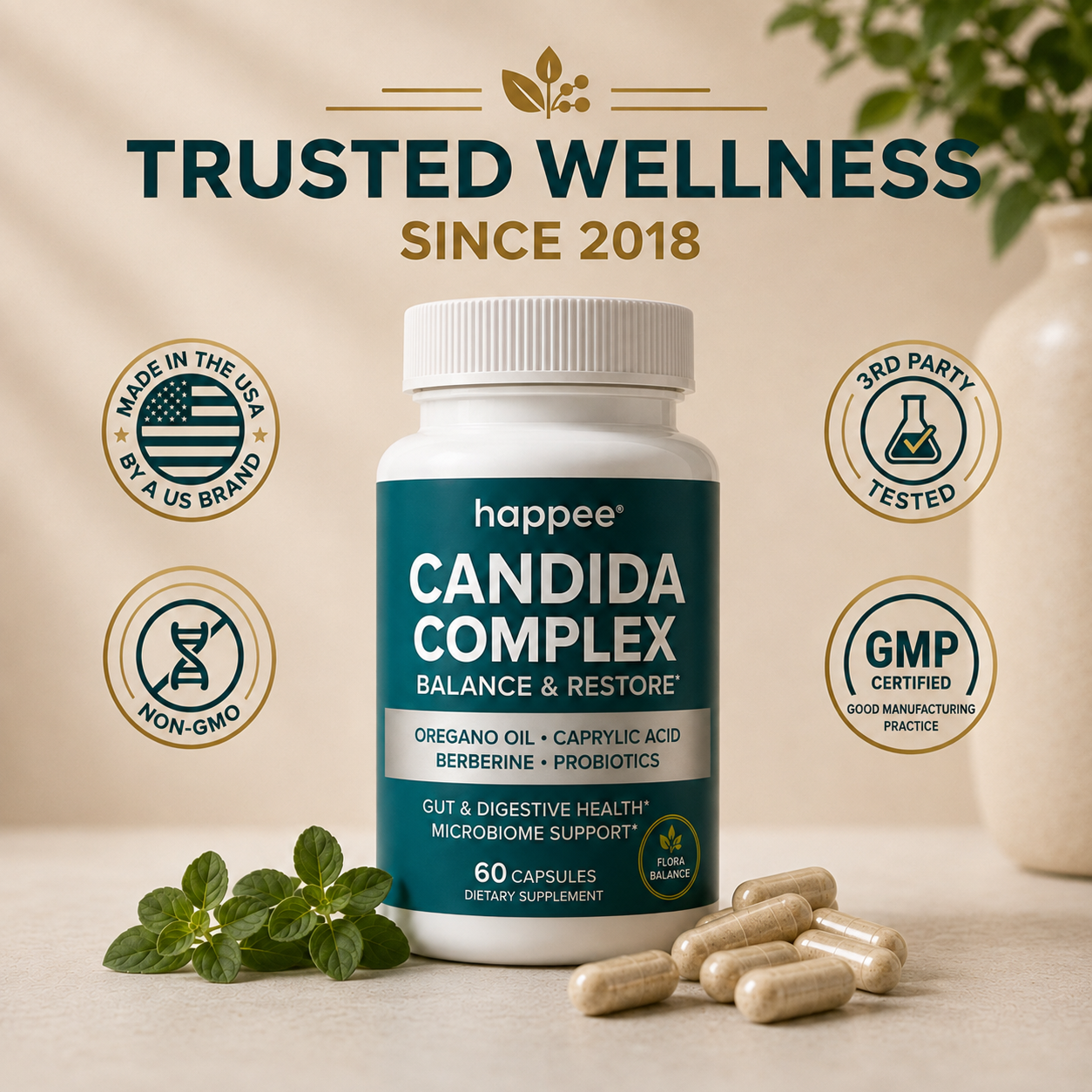 A bottle of happee Candida Complex dietary supplement with several capsules scattered in front, set against a warm beige background with decorative green leaves and trust badges.