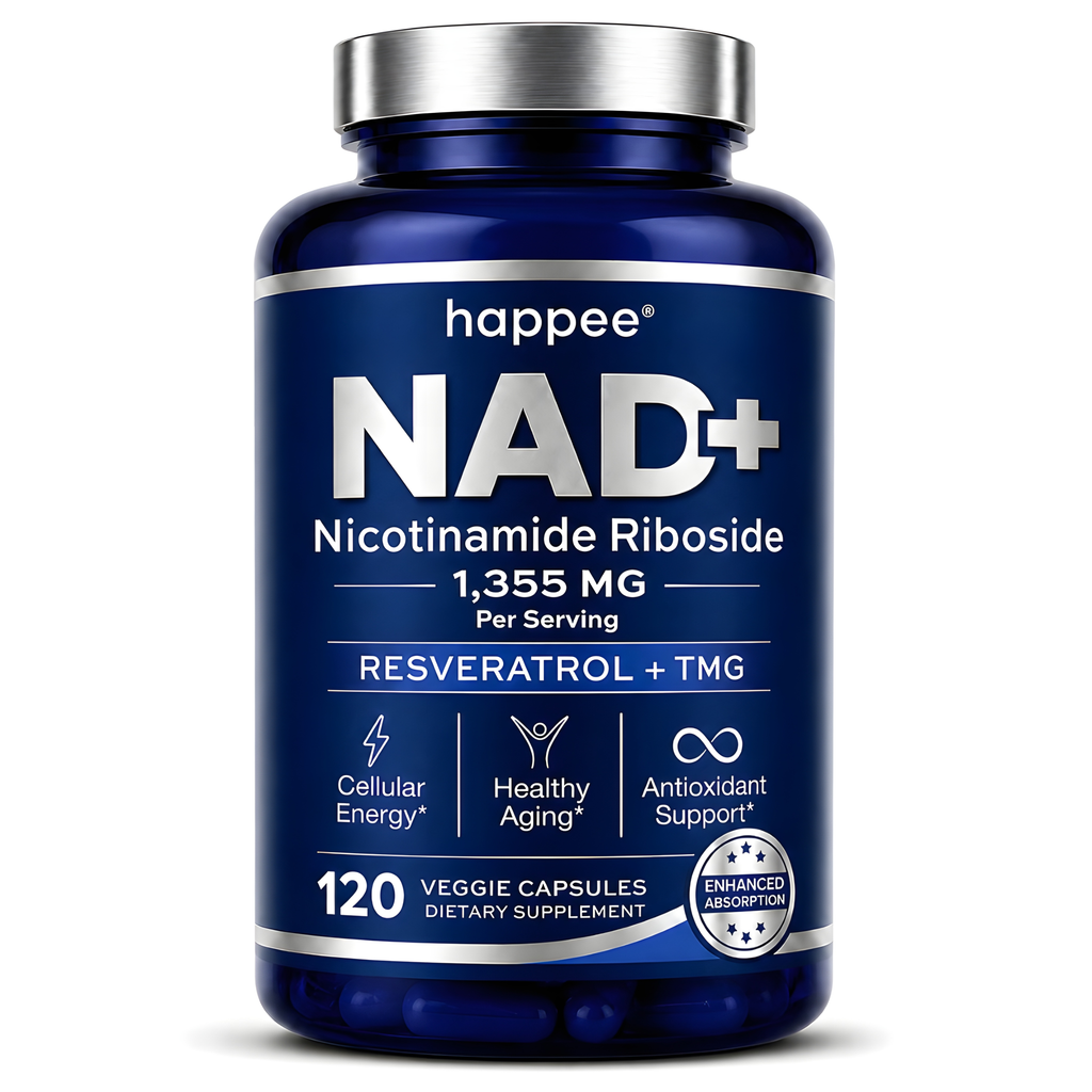 Supplement bottle labeled 'happee NAD+ Nicotinamide Riboside' on a white background