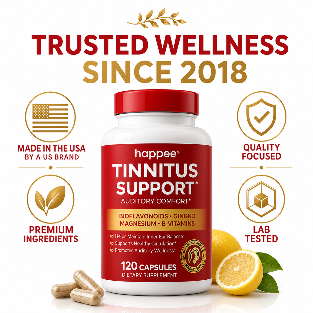 A bottle of happée Tinnitus Support dietary supplement centered on a white background, with lemons, capsules, and marketing text around it. The product label is red and white, and the image includes callout badges such as Made in the USA, Quality Focused, Premium Ingredients, and Lab Tested.