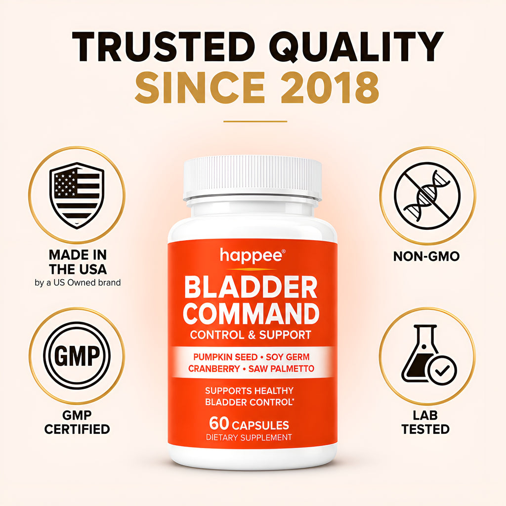 A white bottle of happee Bladder Command dietary supplement centered on a light beige background, surrounded by four circular trust badges reading Made in the USA, Non-GMO, GMP Certified, and Lab Tested, with the headline 'Trusted Quality Since 2018'.