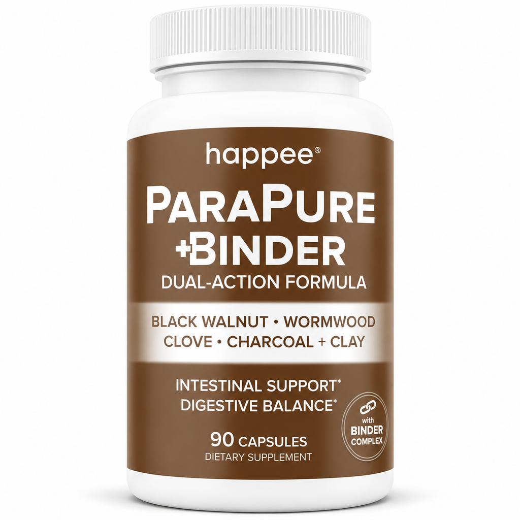 happee supplement bottle with herbal parasite cleanse and binder ingredients