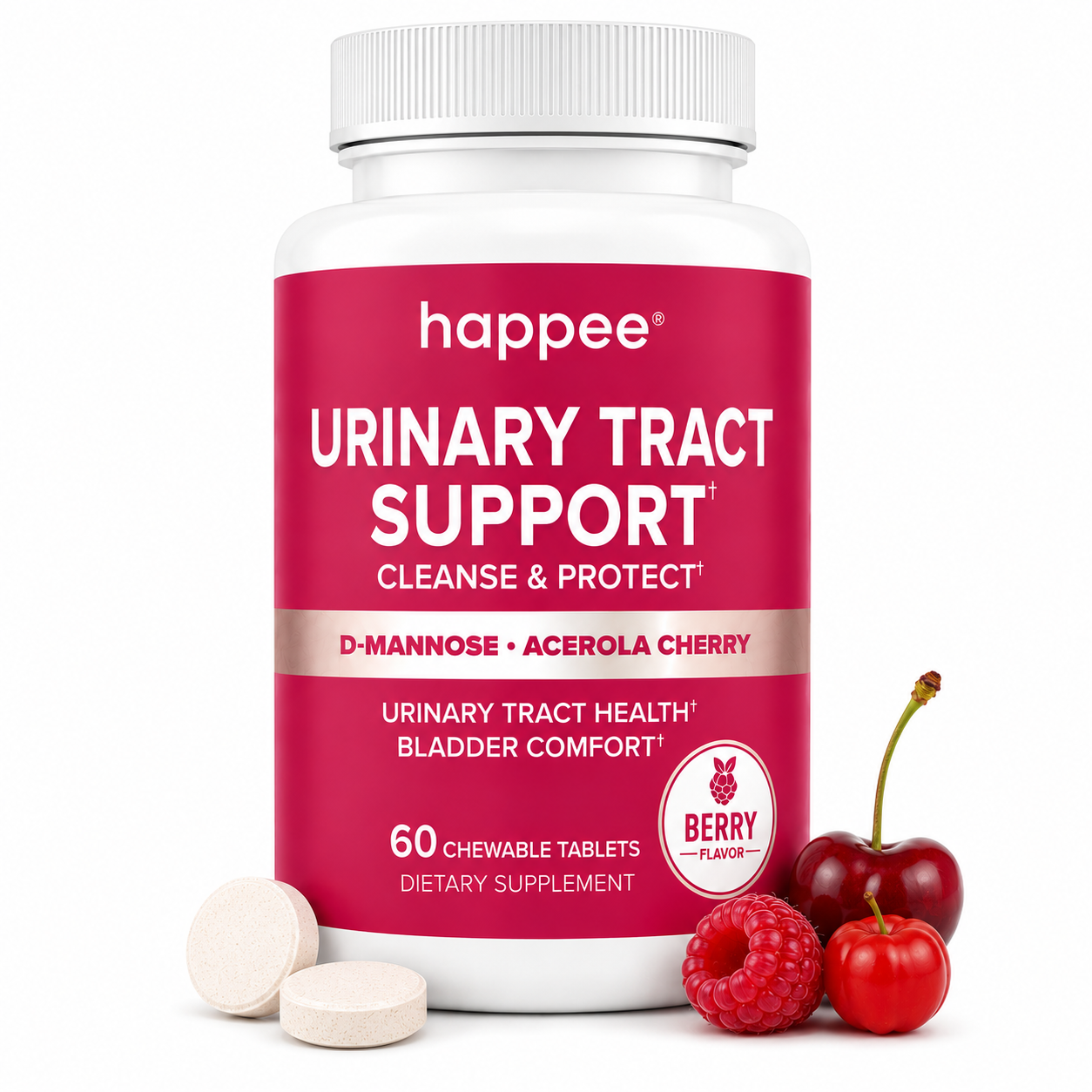 A white plastic bottle of happee Urinary Tract Support dietary supplement with a bright pink label, shown on a white background with two chewable tablets in front and cherries and raspberries on the right side.