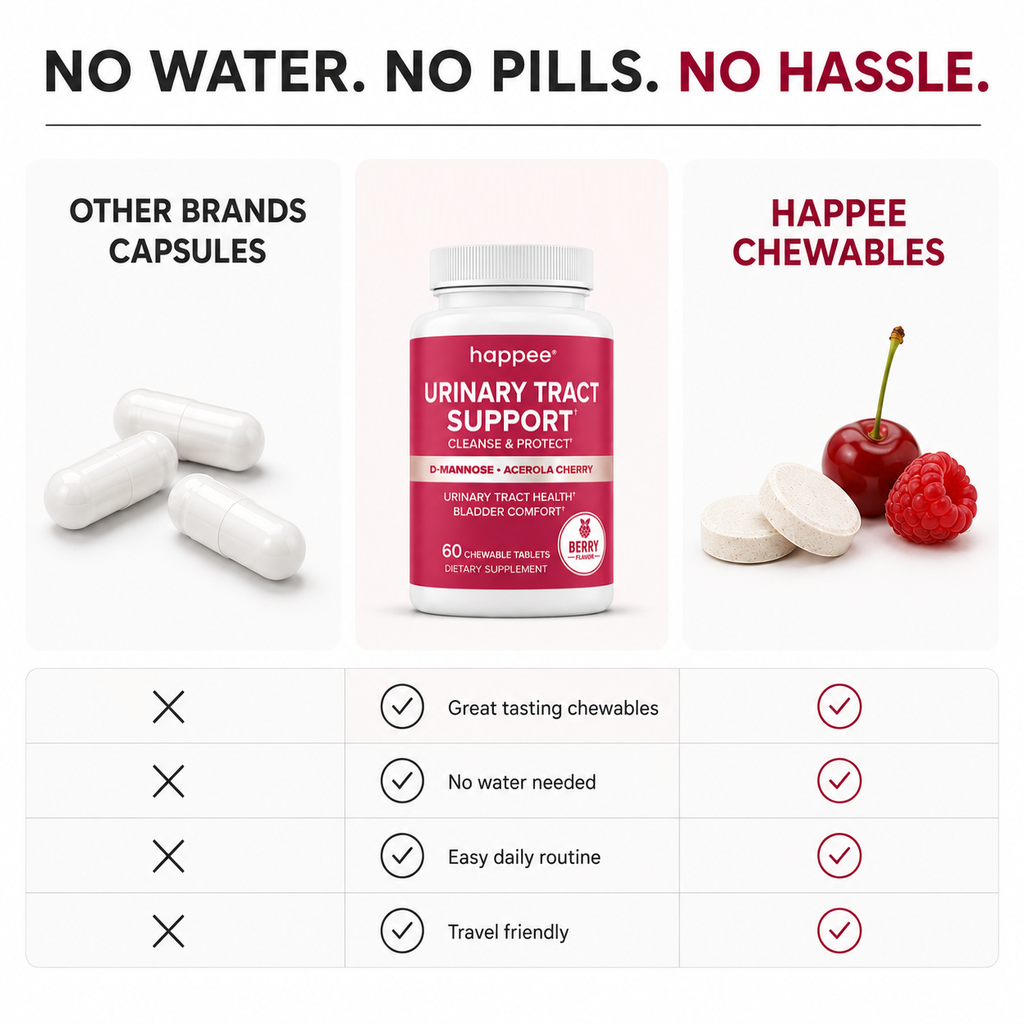 Promotional comparison graphic for happee Urinary Tract Support dietary supplement. The center shows the product bottle with a red label and white cap, flanked by white chewable tablets and fruit imagery (cherries and raspberries).