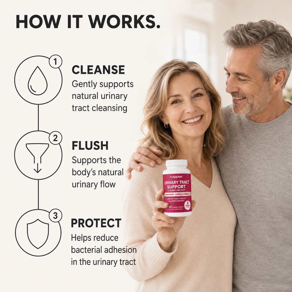 A smiling couple stands indoors while the woman holds a bottle of urinary tract support supplement. Large text reads 'HOW IT WORKS.
