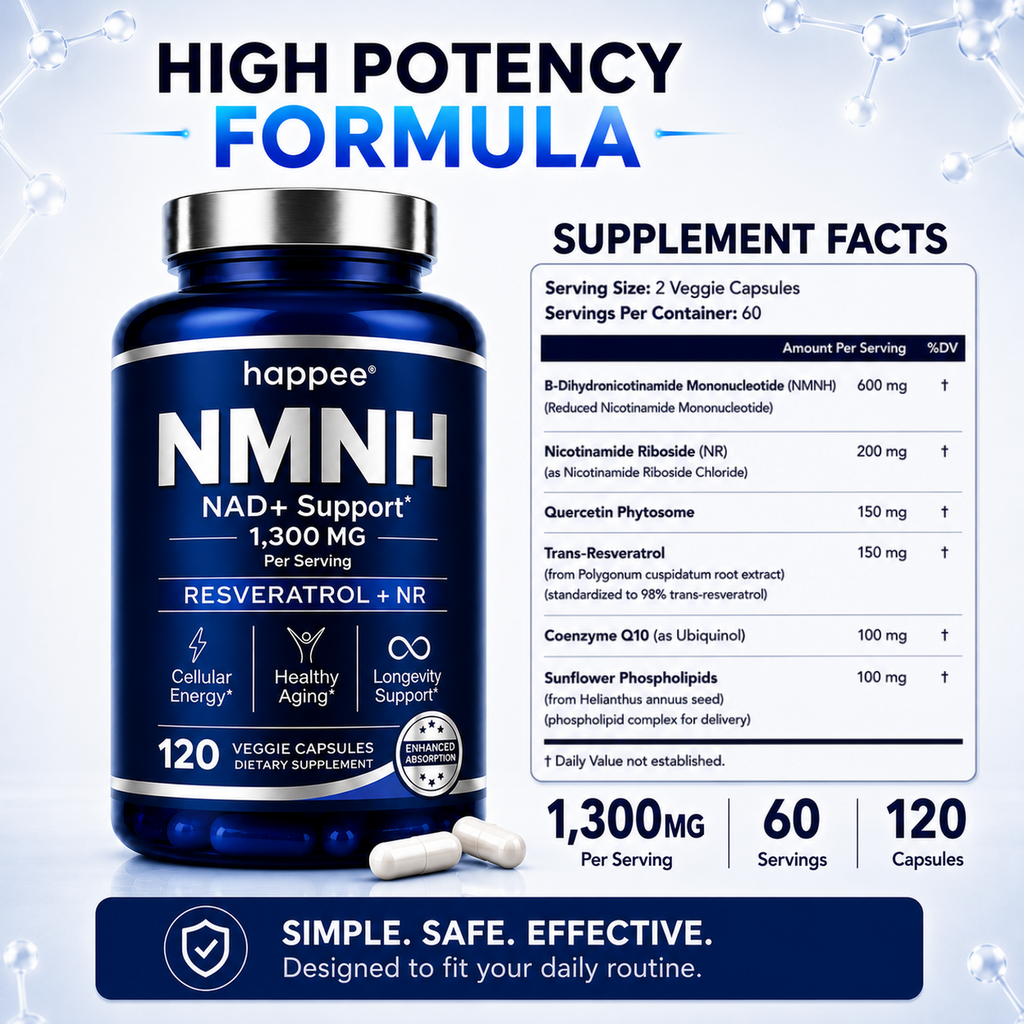 Supplement bottle labeled 'happee NMNH NAD+ Support' with supplement facts on a blue background