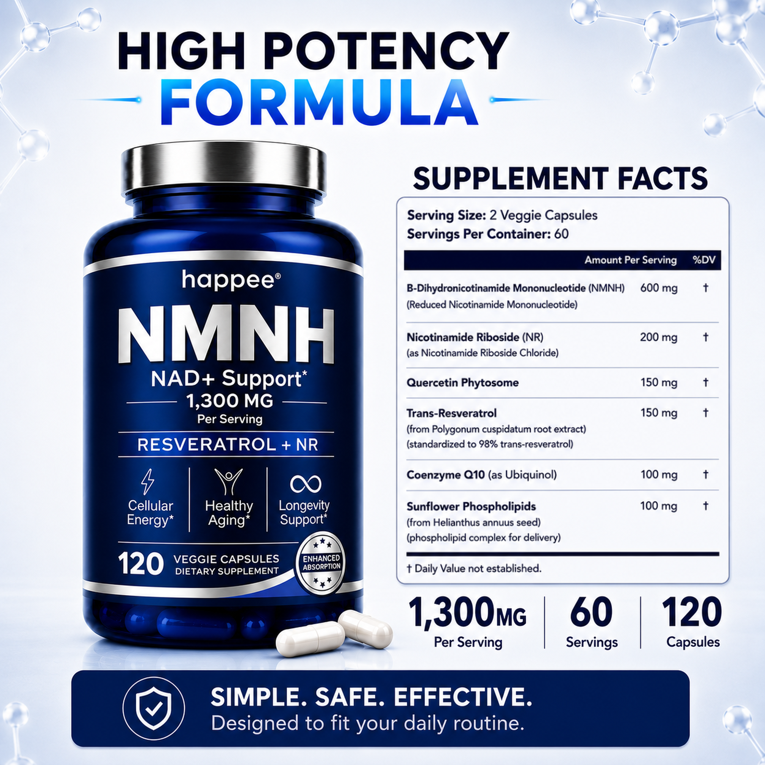 Supplement bottle labeled 'happee NMNH NAD+ Support' with supplement facts on a blue background