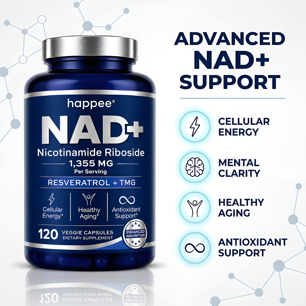 Supplement bottle labeled 'happee NAD+' with text about advanced NAD+ support on a light gray background.