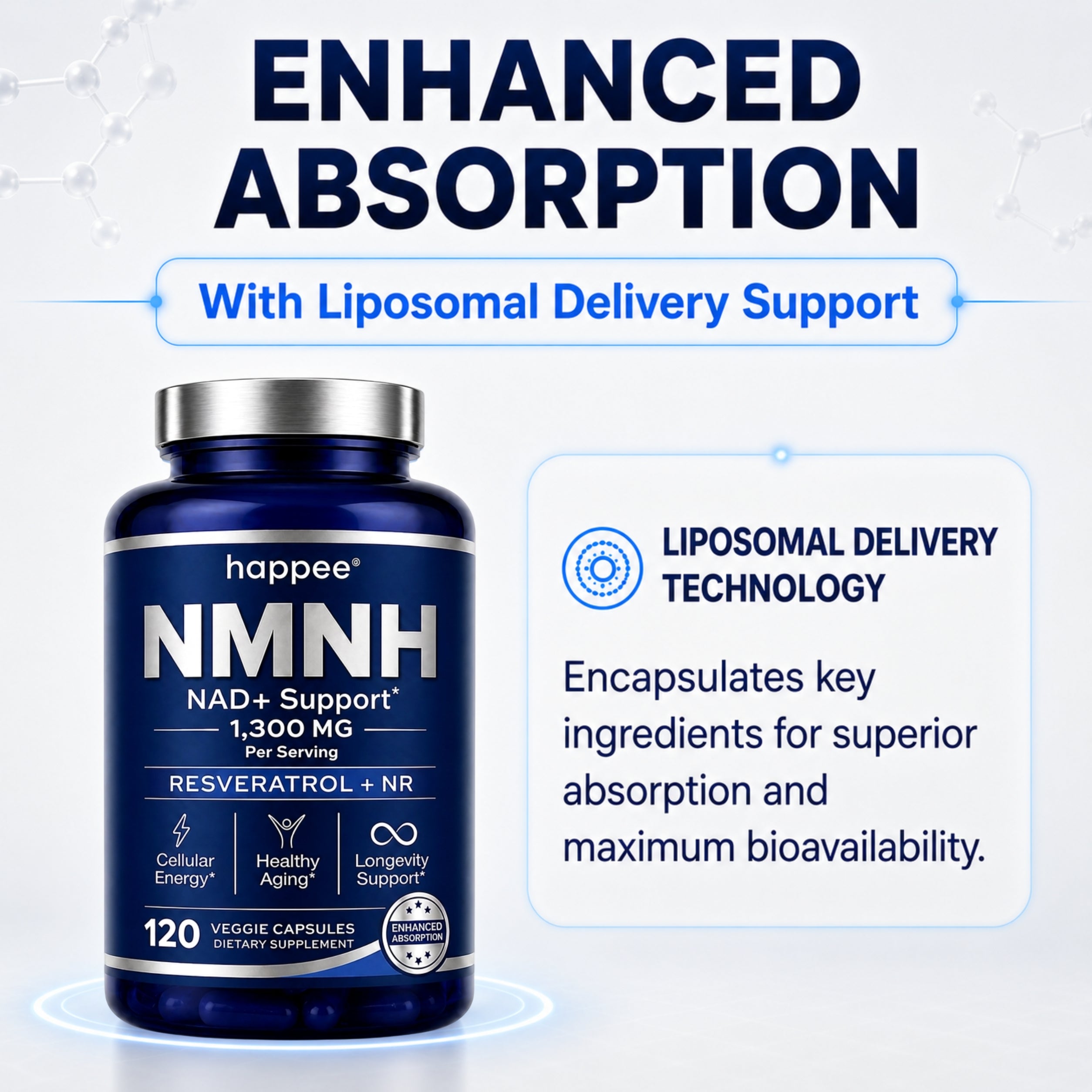 Supplement bottle with 'happee' branding and text about liposomal delivery technology on a light gray background.