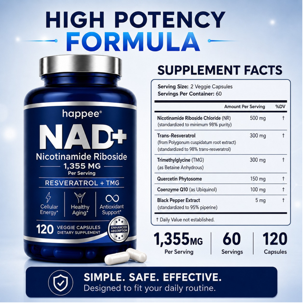 happee NAD+ supplement bottle with label and supplement facts on a light blue background