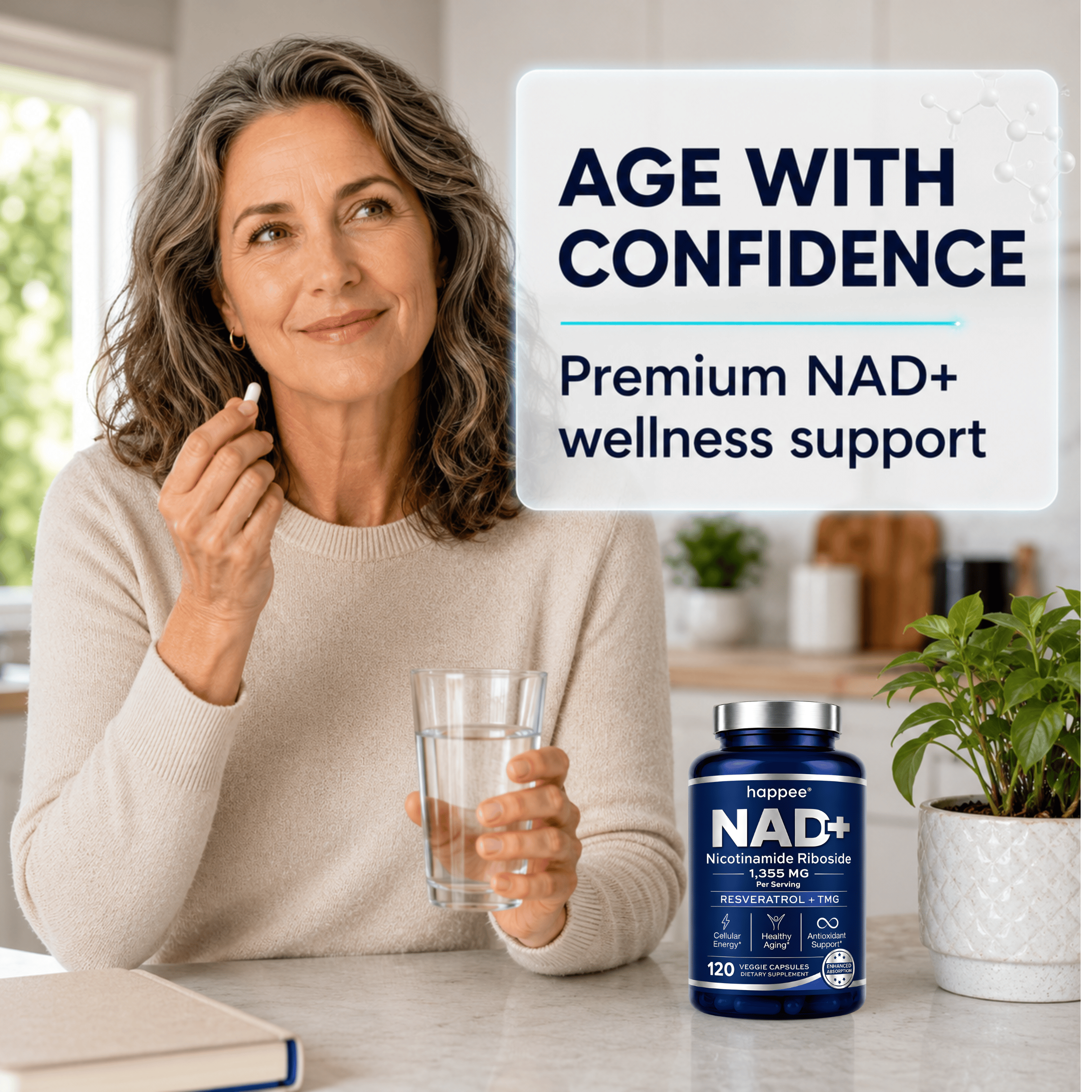Woman holding a glass of water with a bottle of NAD+ supplement in a kitchen setting.