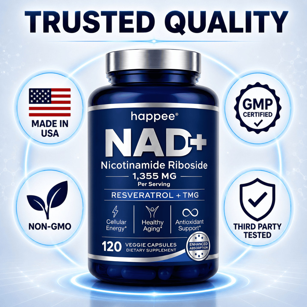 happee NAD+ supplement bottle with certification icons on a light blue background