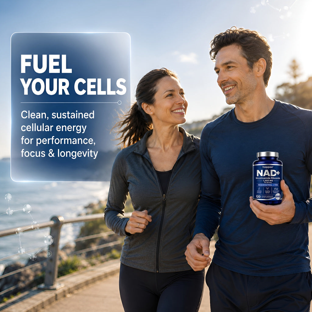 Man and woman walking outdoors with a supplement bottle labeled NAD+. Text about fueling cells and energy.