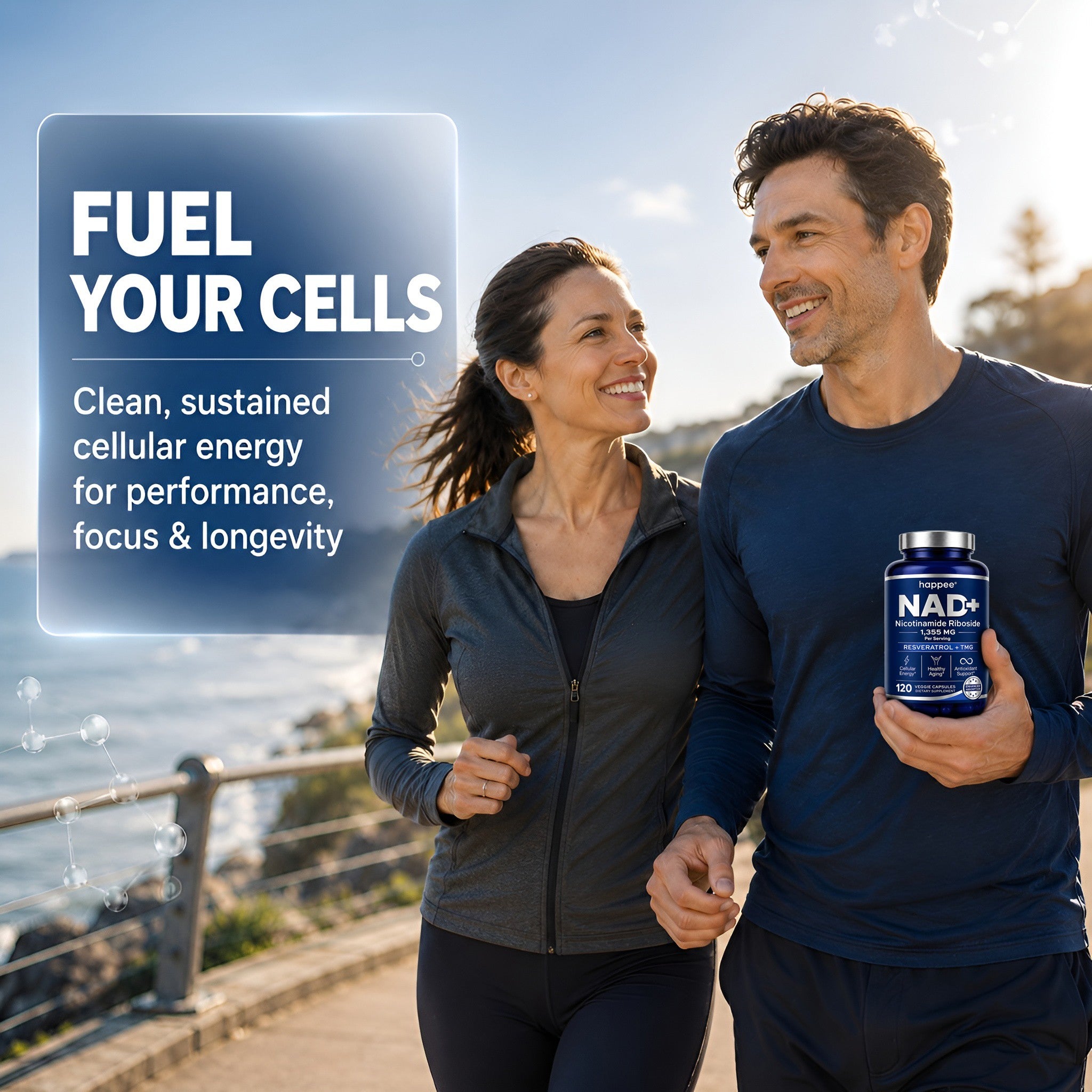 Man and woman walking outdoors with a supplement bottle labeled NAD+. Text about fueling cells and energy.