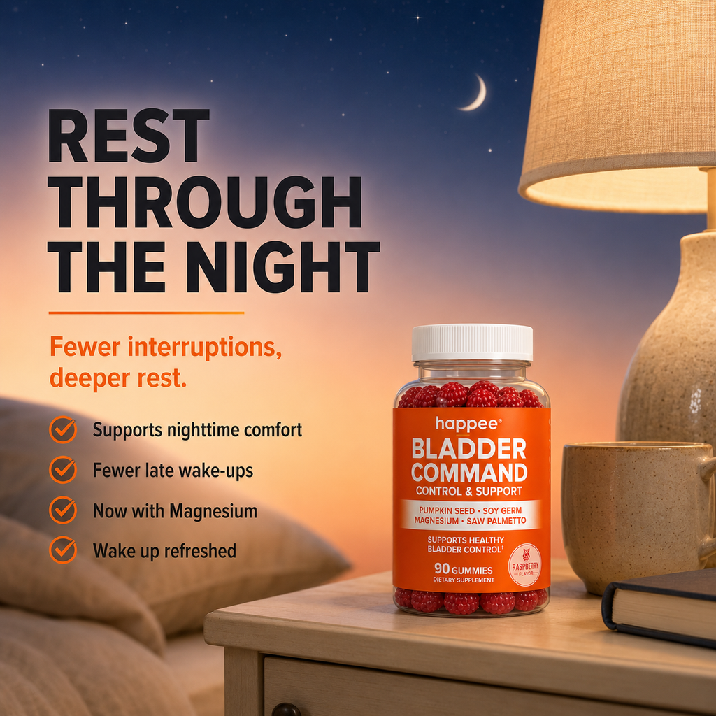 A bottle of happee Bladder Command Control & Supports gummies sits on a bedside table next to a lamp in a bedroom setting, with promotional text on the left side.