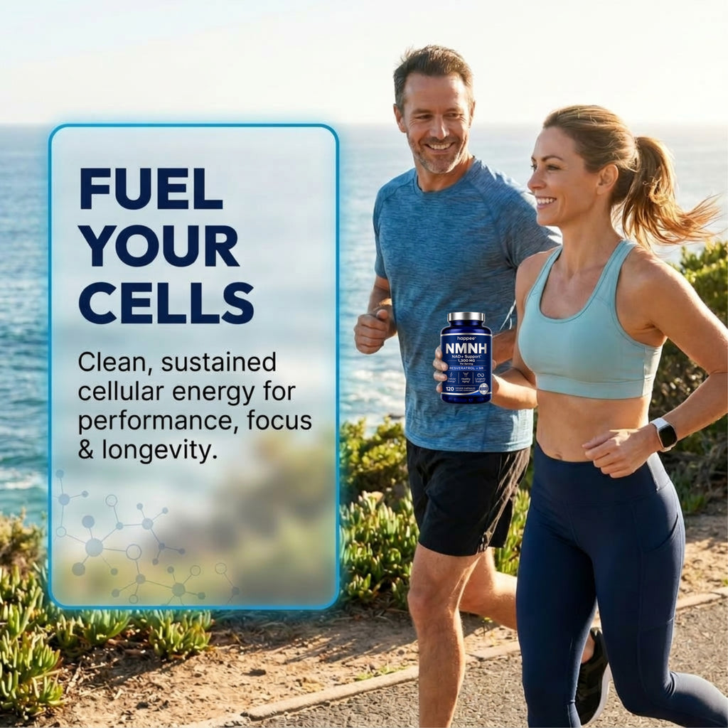 Man and woman running outdoors with a supplement bottle, promoting 'Fuel Your Cells' product.